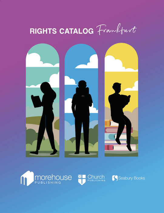 Cover of 'Rights Catalog Frankfurt' with silhouettes of people reading books against colorful arches on a gradient purple to blue background.